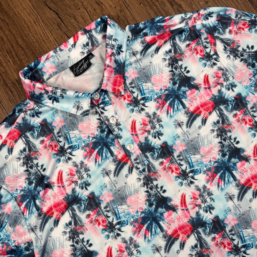 Sunday Swagger Golf Polo Shirt Mens 2XL Tropical Palm Tree Floral Pink Blue
